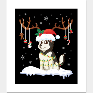 Alaskan Malamute Reindeer Santa Noel Costume Dancing On Snow Posters and Art